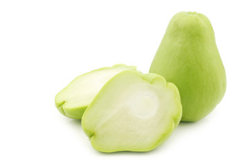 Chayote fruit (Sechium edulis)and a cut one on a white background