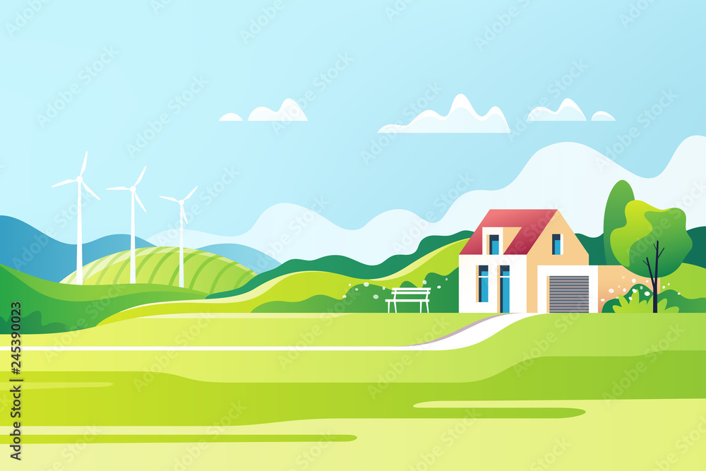 Spring rural landscape. Suburban traditional  house. Family home. Vector illustration. - obrazy, fototapety, plakaty 