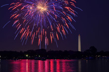 Fourth Of July Fireworks On The National Park Tidal Basin, With The Washington Monument In Washington, District Of Columbia
