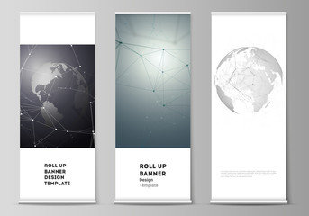 Wall Mural - Vector layout of roll up banner stands, vertical flyers, flags design business templates. Futuristic design with world globe, connecting lines and dots. Global network connections, technology concept.