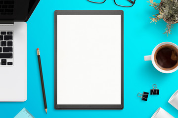 Poster - Work desk for planning and drawing apps and websites with empty paper and pen. Laptop computer beside, and office supplies.