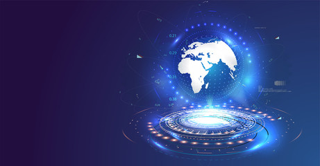 Aufkleber - Shiny Earth globe illustration between emerging rays. Global network connection. World map point and line composition concept of global business. Vector Illustration