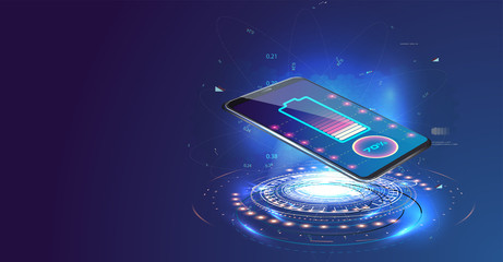 Wall Mural - Wireless charging of the smartphone battery. Future concept. The progress of charging the battery of the phone.Wireless charging technology concept on blue background.