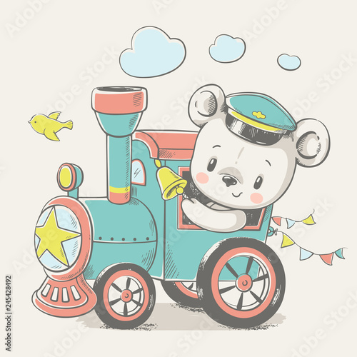 Fototapeta na szkło Vector cartoon illustration of a cute baby bear, driving the locomotive.