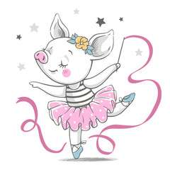 Wall Mural - Vector illustration of a cute piggy ballerina in a pink tutu.