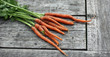 Bunch of home grown carrots lying on a wooden table