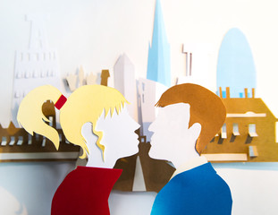 Sticker - Paper cut design. Modern city with skyscrapers and young couple on a date. Abstract background