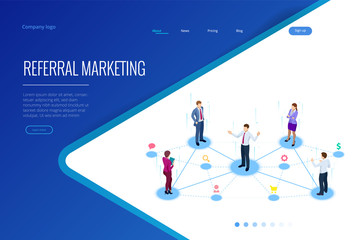 Isometric Referral marketing, network marketing, referral program strategy, referring friends, business partnership, affiliate marketing concept.