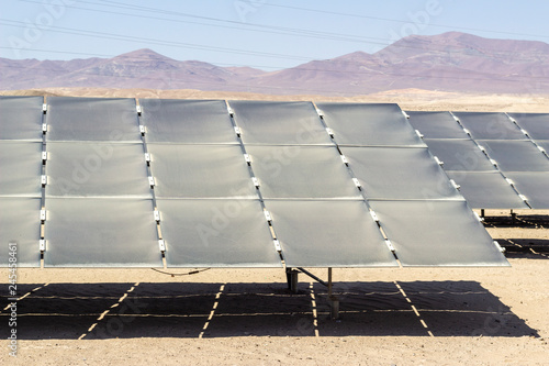 Soiled Solar Energy modules at Atacama Desert, a clean technology to reduce CO2 emissions.Silicon cells Poly modules located in hundred of rows in the desert. Soiling is the bigger enemy at Desert