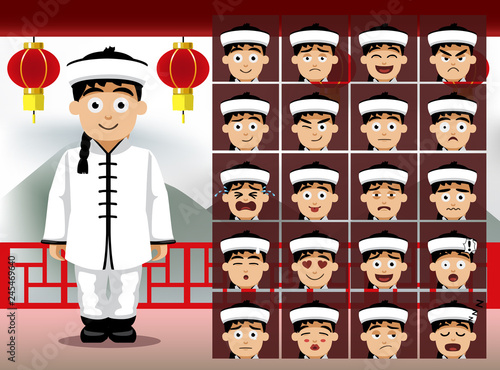 Chinese White Costume Boy Cartoon Emotion faces Vector Illustration