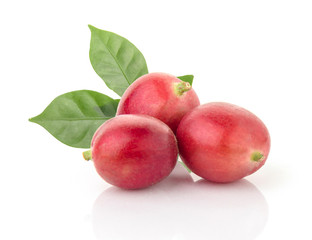 fresh coffee beans with leaf on white background