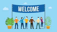 Welcome Sign Board Welcomes Concept With Business Team People With Big Banner On Top With Green Tree Plants - Vector