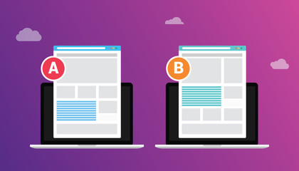 ab a b split testing concept with two business men compare test result between 2 page of website design comparison - vector illustration