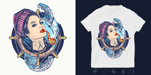 Woman Sailor. Print For T-shirts And Another, Trendy Apparel Design. Pin-up Style. Girl In The Seaman's Suit