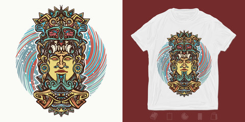 Wall Mural - Mayan god. Print for t-shirts and another, trendy apparel design. Ancient aztec totem carved in stone