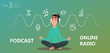 © sergeymashkov - Online training, podcast, radio. Podcast concept illustration. People learning on laptop and smartphone study on podcast. A man listens to a lesson in a large concept headphones. Isolated illustration