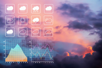 Wall Mural - weather forecast symbol data presentation with graph and chart on sunset evening background.