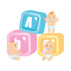 Sticker - little babies with alphabet blocks toys icons