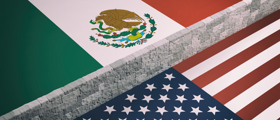 Wall Mural - Border wall between US of America and Mexico flags. 3d illustration