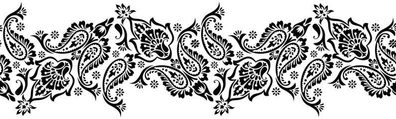 Seamless black and white traditional indian paisley border