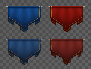 Blue versus red team banners on poles. Medieval pennants, old and new. Victory and defeat. Asset for game ui. Eps10 vector