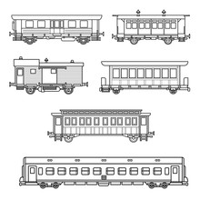 Set Of Passanger Train Railcar. Old Wagon. Vector Line Icon
