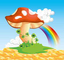 Fungus With Clovers Plants And Rainbow With Coins