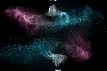 Wall Mural - Cosmetic brush with purple and blue ocean cosmetic powder spreading for makeup artist or graphic design in black background