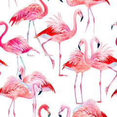 Watercolor seamless pattern pink flamingos illustration.