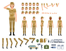 Female Soldier In Military Clothing Creation Kit. Create Your Own Pose, Action, Animation. Various Emotions, Gestures, Design Elements. Flat Design Vector Illustration