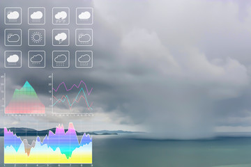 Wall Mural - weather forecast symbol data presentation with graph and chart on tropical storm background.dramatic