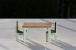 Miniature rustic wooden furniture for doll house, Vintage table and chairs painted white with green upholstery, nobody