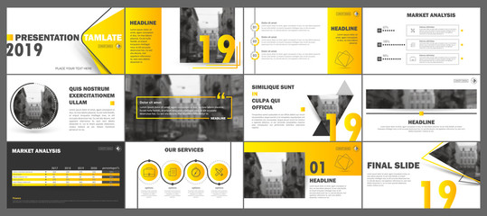Wall Mural - Abstract, yellow presentation slides. Modern brochure cover design. Fancy info banner frame. Creative infographic elements set. Urban city font. Vector title sheet model. Ad flyer style template