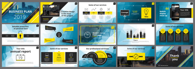 Wall Mural - Abstract, yellow blue presentation slides. Modern brochure cover design. Fancy info banner frame. Creative infographic elements set. Urban city font. Vector title sheet model. Ad flyer style template