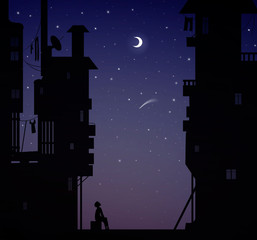 night dreamer, boy sits near the city houses and look at the stars, dreams