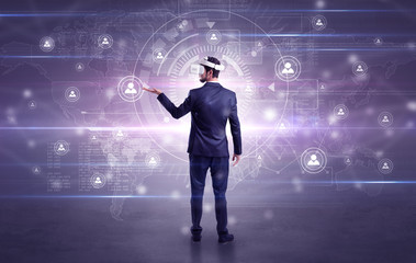 manager with vr headset and social network research concept
