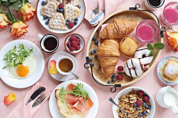 
    Brunch. Festive family breakfast set for Valentines day, Mothers day or Easter. Pink background