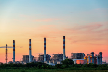 Gas turbine electrical power plant at dusk in the morning