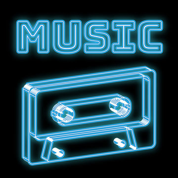 Beautiful blue bright glowing abstract neon sign in the form of an old retro vintage hipster audio cassette 70's, 80's, 90's and the inscription music and copy space on a black background. Vector