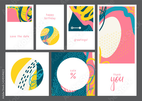 Set of creative universal geometric cards. Designs for prints, wedding, anniv...