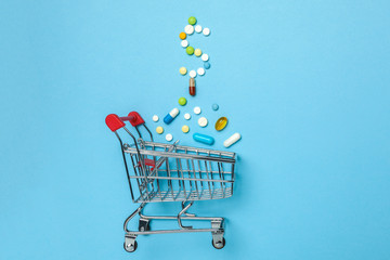 Wall Mural - Shopping basket and pills in form of dollar. The concept of buying drugs online, delivery of medical devices