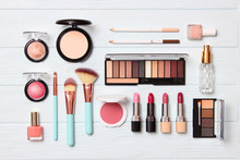  Professional Makeup Tools. Makeup Products On Wooden Background Top View. A Set Of Various Items For Makeup.