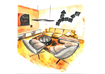 living room it is very modern interior design for younger familie. its sketch designed with colou ma