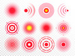 © Tartila - Pain circles. Red painful target spot, targeting medication remedy circle and joint pain spots isolated vector set