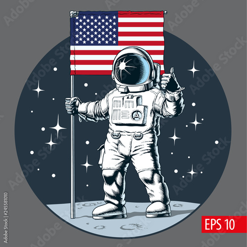 Cuadros en Lienzo Astronaut with american flag stands on moon. Vector illustration.