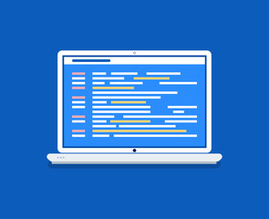 Laptop, programming code on screen, computer program creation. Cyberspace, digital technologies, portable device, display or monitor vector illustration