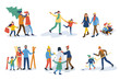 © robu_s - Parents with children playing hockey, going together with tree and packages, skiing and making snowman, holding sleigh with kids isolated on white vector