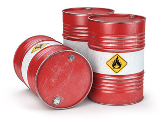 Wall Mural - Red metal oil barrels isolated on white background. Oil, gas and petroleum industry and manufacturing.