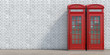 Red phone booth on brick wall background. London, british and english symbol.