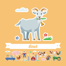 Vector Illustration Of Funny Cartoon Goat. Happy Isolated Animal. Milk Farm Collection Flat Stickers.